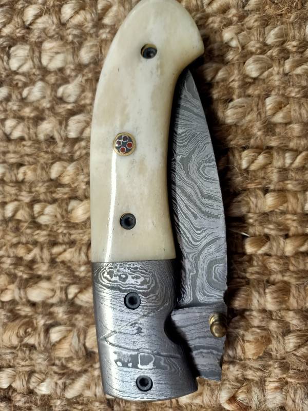Bone Handle Damascus Folding Knife