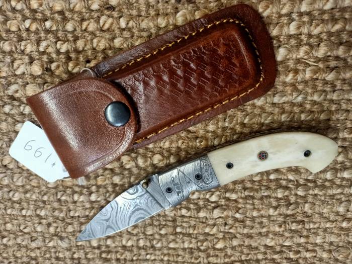 Bone Handle Damascus Folding Knife