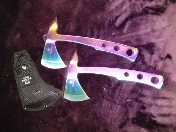 Set of 2 Throwing Axes - Anodised Rainbow Finish